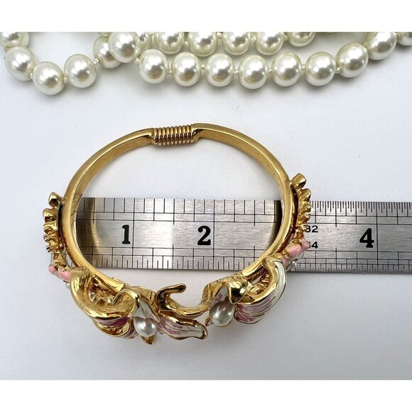 VTG KJL Kenneth Lane Bracelet Pink & White Enameled Flowers Pearls Gold Tone - Picture 13 of 15